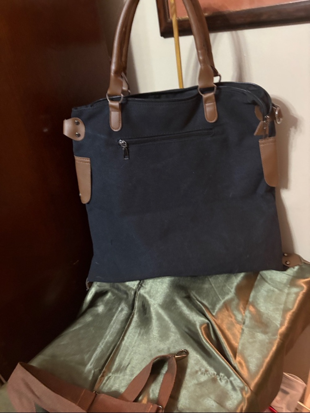 Paris Print Black Canvas Tote Bag with Brown Handles and cross body strap - Picture 5 of 9